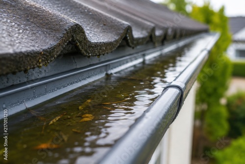 A close-up view of a rain gutter clogged with debris and filled with stagnant water after rainfall.