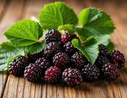 Fresh blackberries with green leaves arranged on a wooden surface, showcasing their rich color and texture in a natural setting
