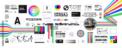  Y2K CMYK style design kit with retro futuristic lettering, color bars, test chart shapes, glitch graphics for streetwear prints, t-shirt, typography. Y2K lettering, retro CMYK elements. Vector set