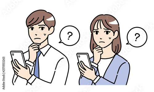 Obraz na płótnie スマホを見て疑問に思う若い男女の会社員のイラストセット
