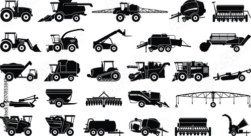 Bild auf Leinwand WebAgricultural machinery silhouettes collection featuring tractors, harvesters,