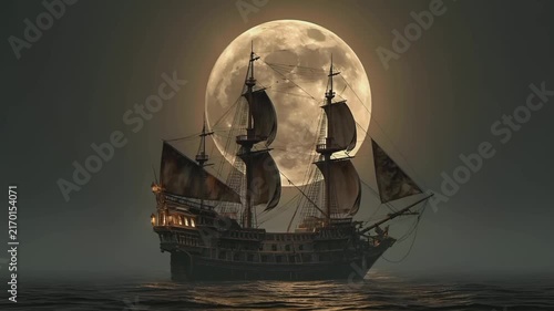 Europe medieval lifestyle. A dark, atmospheric depiction of a pirate ship sailing under a large, full moon. The ship is adorned with multiple masts, rigging, and numerous sails.