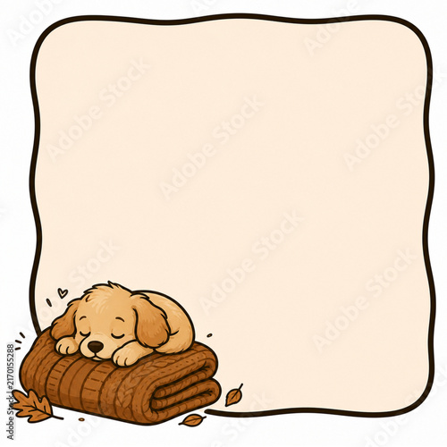 Sleeping Puppy on Cozy Blanket Autumn Note Template. Cute hand-drawn autumn stationery template featuring a sleeping puppy resting on a folded cozy blanket with scattered fall leaves and a large blank
