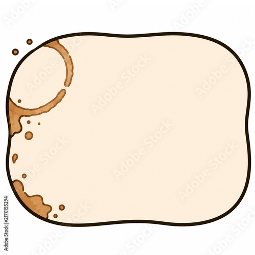 Hand-drawn rustic note background featuring a large coffee cup stain along the edge of a warm blank paper area with small decorative coffee marks. Minimal seasonal stationery design with generous copy