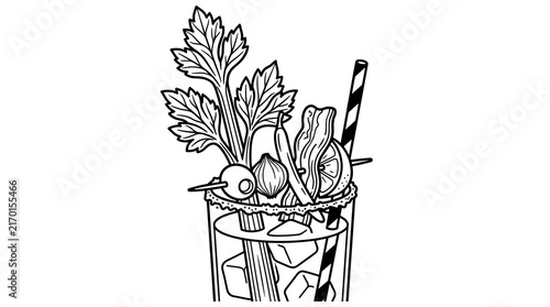 Bloody mary cocktail garnish with celery and bacon vector line art