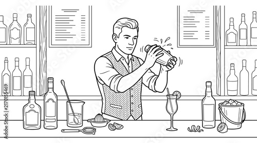 Professional bartender shaking cocktail behind a bar line art