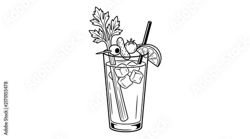 Bloody mary cocktail ingredients line art illustration