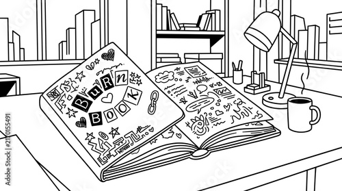 Floating open book with creative doodles in library line art