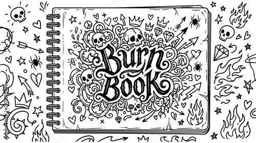 Notebook cover with gothic book brain text and diverse doodles