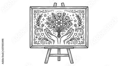 Hand drawn floral painting on wooden artist easel