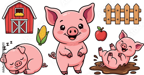 Cute cartoon pink pig character vector set featuring funny farm animals with a red barn house, wooden fence, corn, apple, and mud puddle elements.