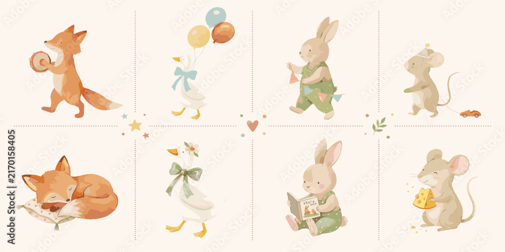 Fototapeta premium Watercolor parade of cute forest animals with balloons and instruments, perfect for nursery art, baby shower invitations, and kids' party decor. Adorable illustration