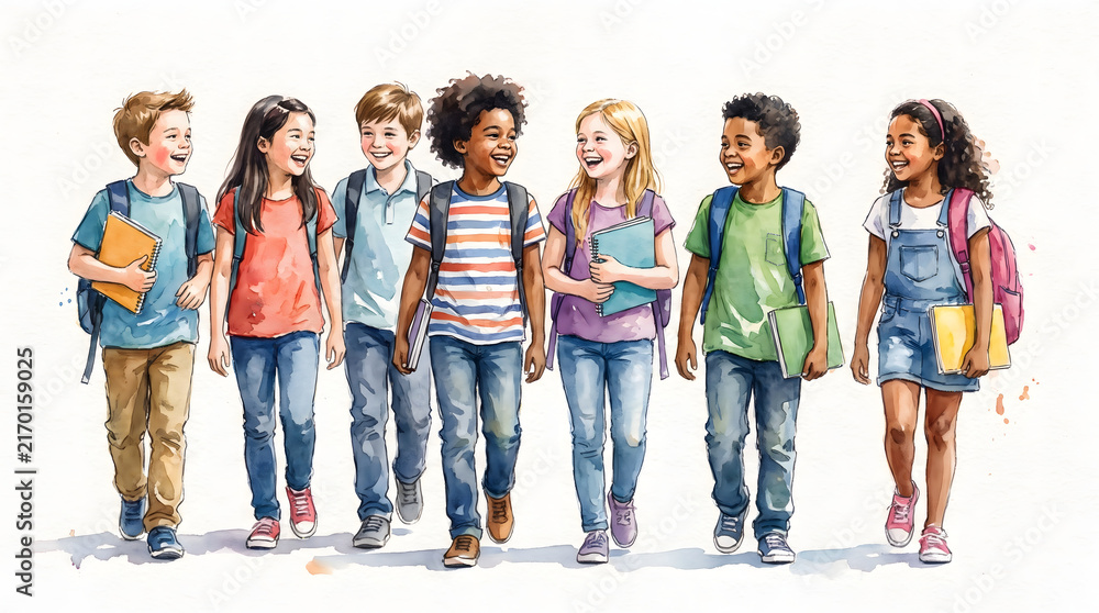 Fototapeta premium Watercolor illustration of happy diverse students walking together with school bags and books