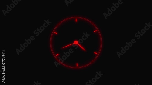 Red Neon Clock Face with Hands on Black Background time watch