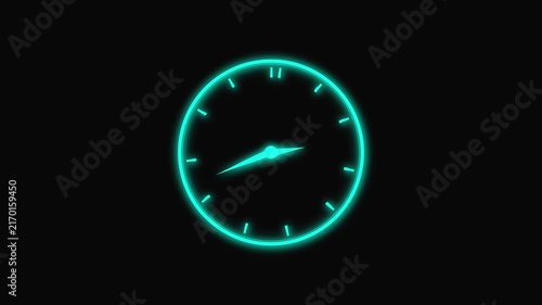 Cyan Neon Clock Face with Hands on Black Background time watch
