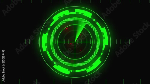 Green Futuristic Radar Screen with Red Target Markers and Sweep Line on Black interface