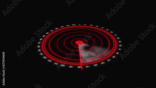 Red Radar Screen with Concentric Circles, Sweep Line, and Detected Target Signal digital