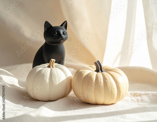 Minimalist Halloween Black Cat Decor with White Pumpkins on Linen