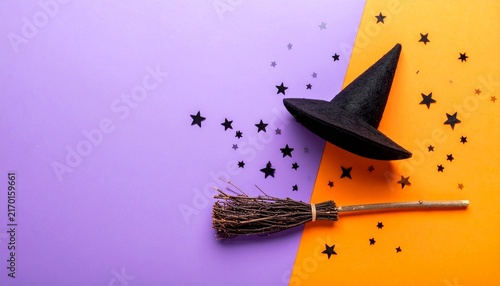 Halloween Witch Broom & Pointed Hat Flat Lay