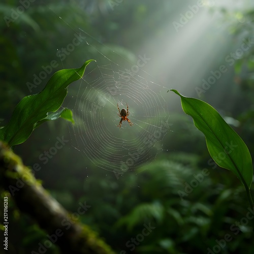 Spider on web in misty rainforest with sunbeam