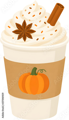 Pumpkin spice latte topped with whipped cream and cinnamon
