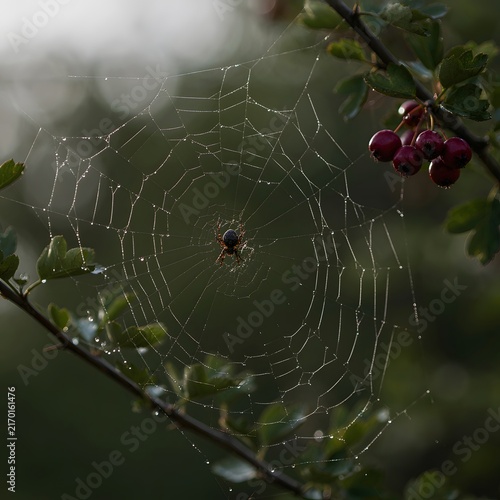 Spider web with dew drops on branches in a natural setting