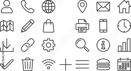 Minimalist line icon set of 24 web and business symbols, thin stroke outline icons for UI design, modern interface navigation elements for mobile apps