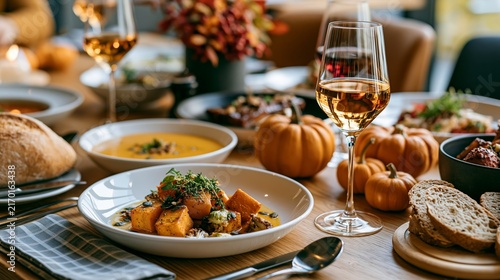 Bright restaurant table set for autumn with pumpkin dishes and warm bread in daylight Generative AI
