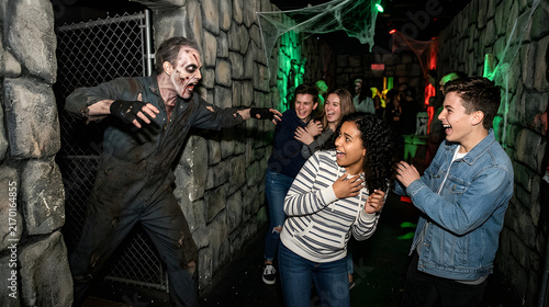 Three teenagers laughing in fear as a terrifying zombie actor jumps out at them inside a dark haunted house attraction