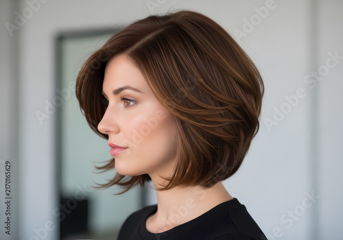 Elegant woman with stylish brown bob haircut in profile view