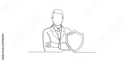 Continuous line drawing of a businessman standing with a protective shield