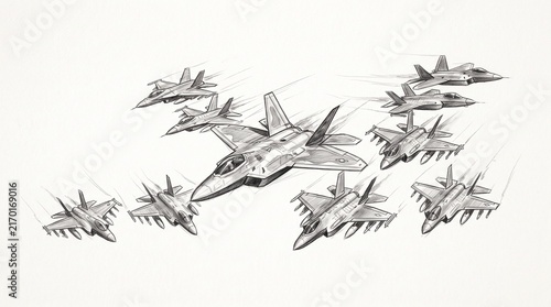Fotografie A formation of modern fighter jets flying in formation, pencil sketch illustrati