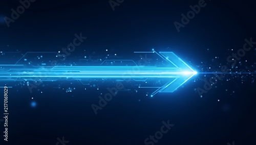 Futuristic blue digital arrow on dark technology background