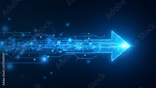 Futuristic digital arrow with glowing blue technology elements