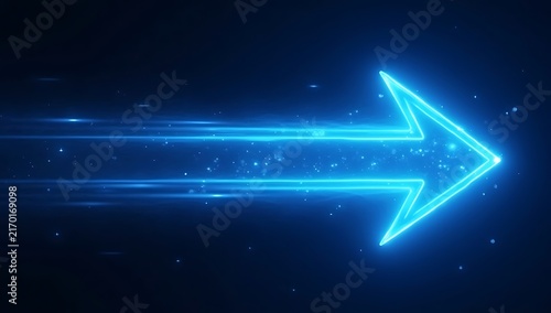 Glowing blue neon arrow on dark futuristic background
