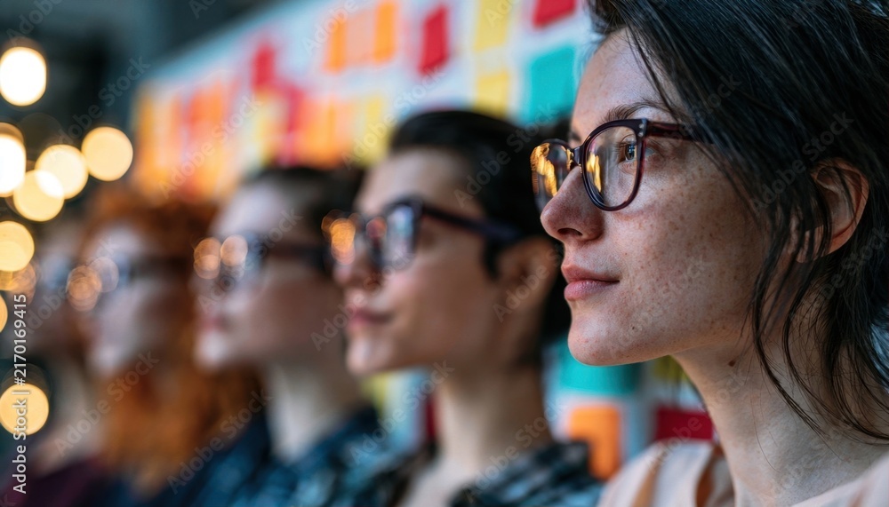 Obraz premium Diverse group of women wearing glasses in a vibrant studio setting