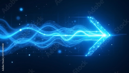 Glowing blue arrow with dynamic light trails on dark background