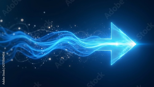 Glowing blue arrow with dynamic light trails on dark background