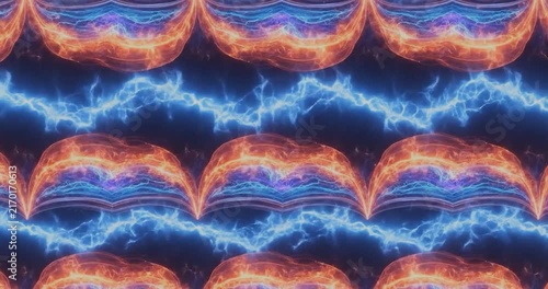 Repeating rows of electric blue and orange lightning bolts