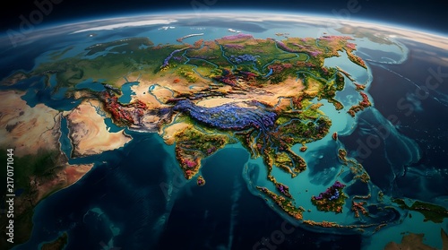 Satellite view of the Asian continent on planet Earth from space.