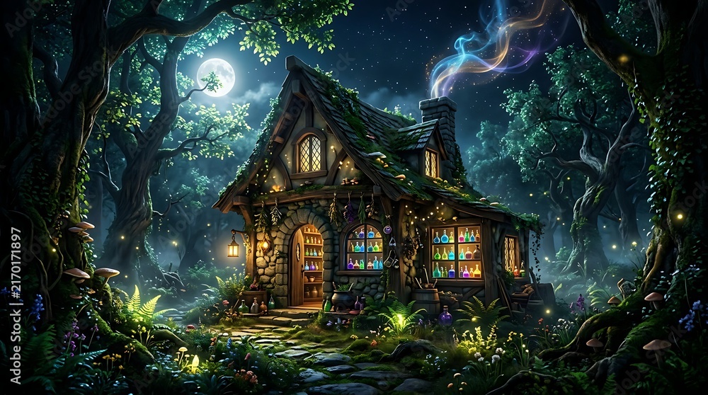 Fototapeta premium Enchanted cottage nestled in a magical forest under the glowing moonlight at night.