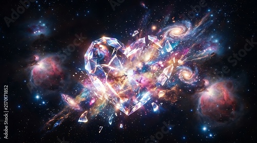 A glowing crystal heart floating in the vast colorful deep space nebula.