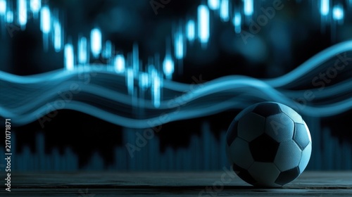 Fototapeta kuchenna Soccer ball on dark surface with abstract blue financial chart data