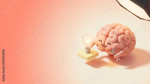 Brain Character Fixing Lightbulb Idea Symbol for Creative Innovation