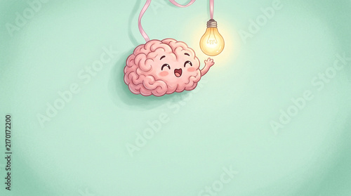 Brain Character Reaching for a Glowing Lightbulb for Creative Ideas