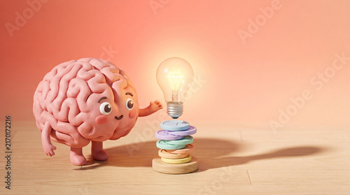 Brain Character Reaching for Glowing Light Bulb Creative Concept