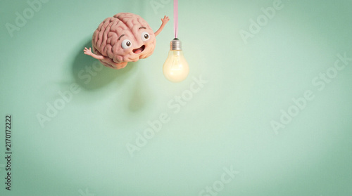 Brain Character Reaching for a Glowing Lightbulb for Creative Idea