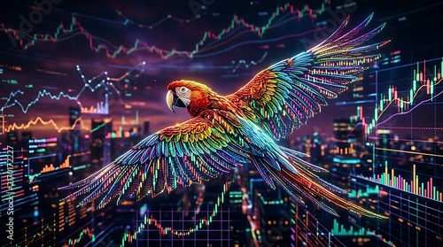 A vibrant macaw parrot flying over a digital financial city skyline with stock market charts.