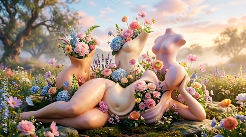 Surreal artistic composition of female torso sculptures filled with colorful spring flowers in a blooming meadow.