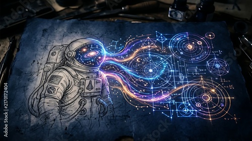 Artistic sketch of an astronaut connected to glowing cosmic constellations and celestial navigation charts.